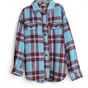 La Miel Blue,Burgandy Plaid Flannel Shacket